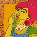 EVE, a woman with pink hair eats grapes with an appetite, art print